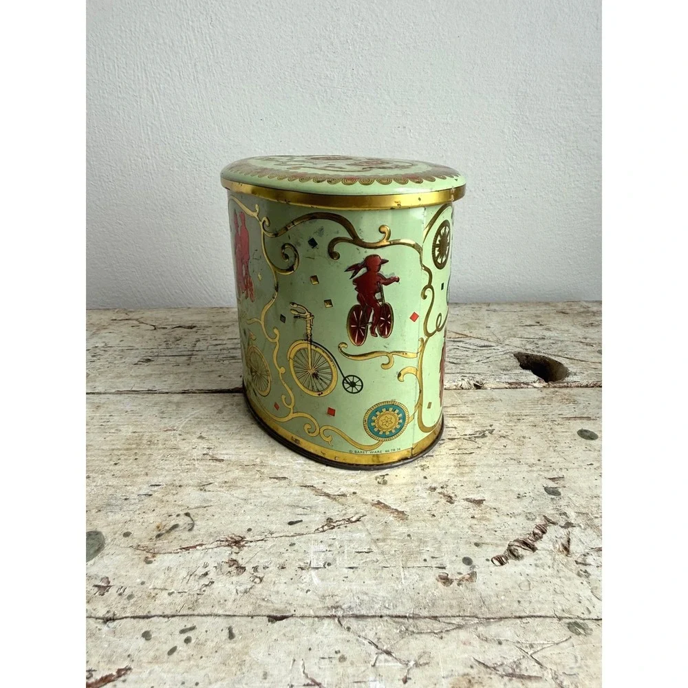 Vintage Baret Ware Art Grace Oval‎ Tin England Victorian Bicycle Graphics Green